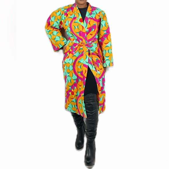 African Print Ankara Multicolor Belted Midi Cotton Blazer - Picture 2 of 8